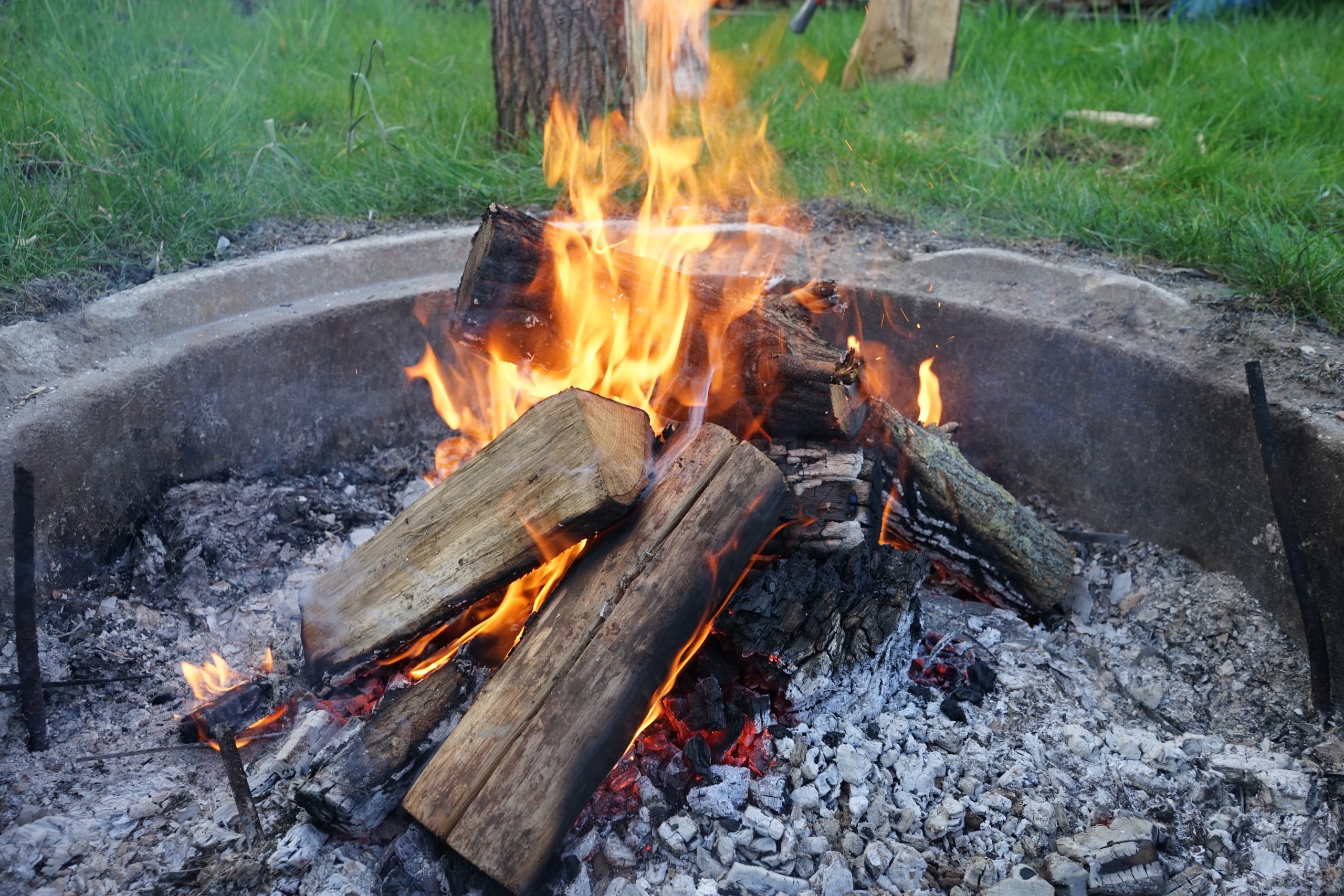 Fire pit with wood burning in a garden